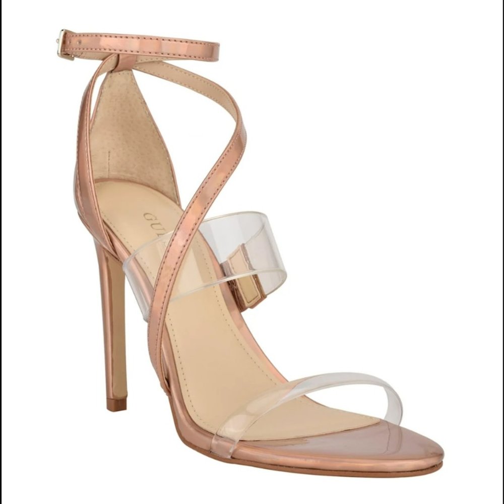 NWOB GUESS GWFELECIA IRIDESCENT TRANSPARENT HEELED SANDALS - SIZE 11